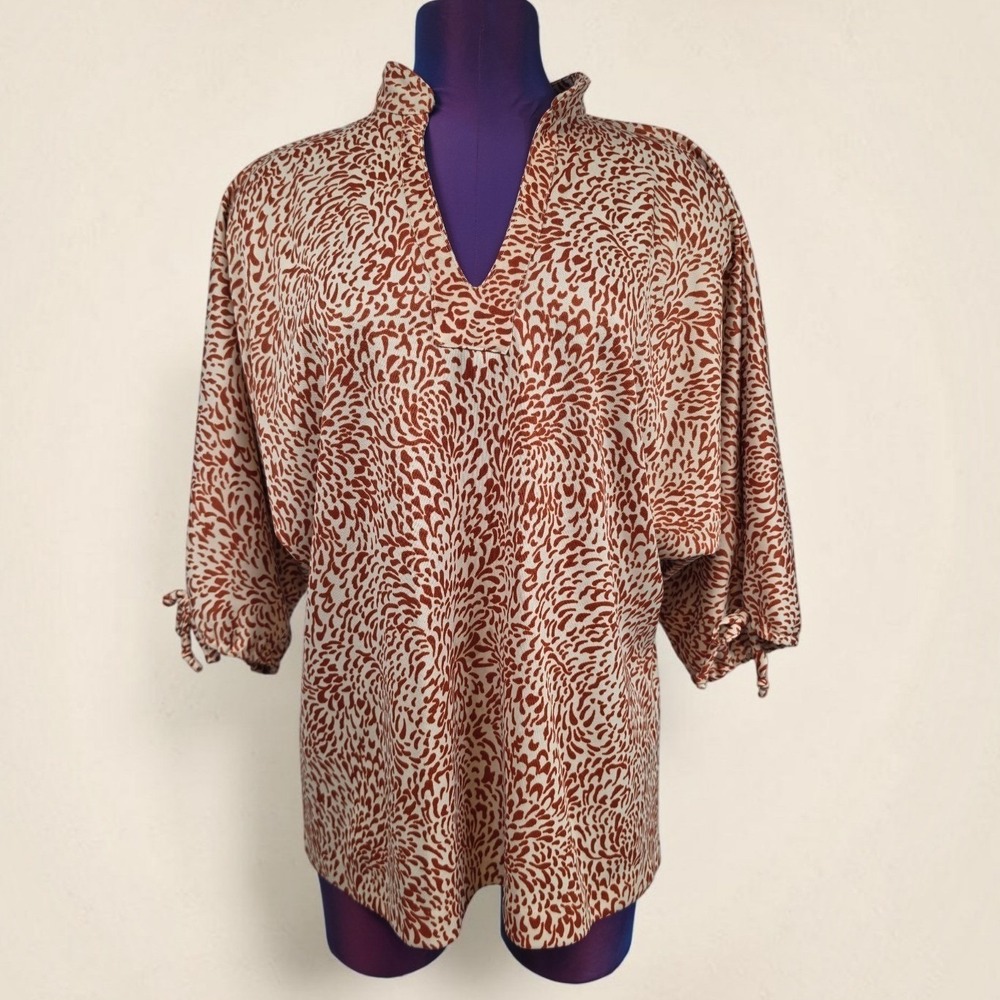 Vintage Mr Sergio Inc Rust Orange Abstract Print Tunic V-Neck Tie Cuff Blouse